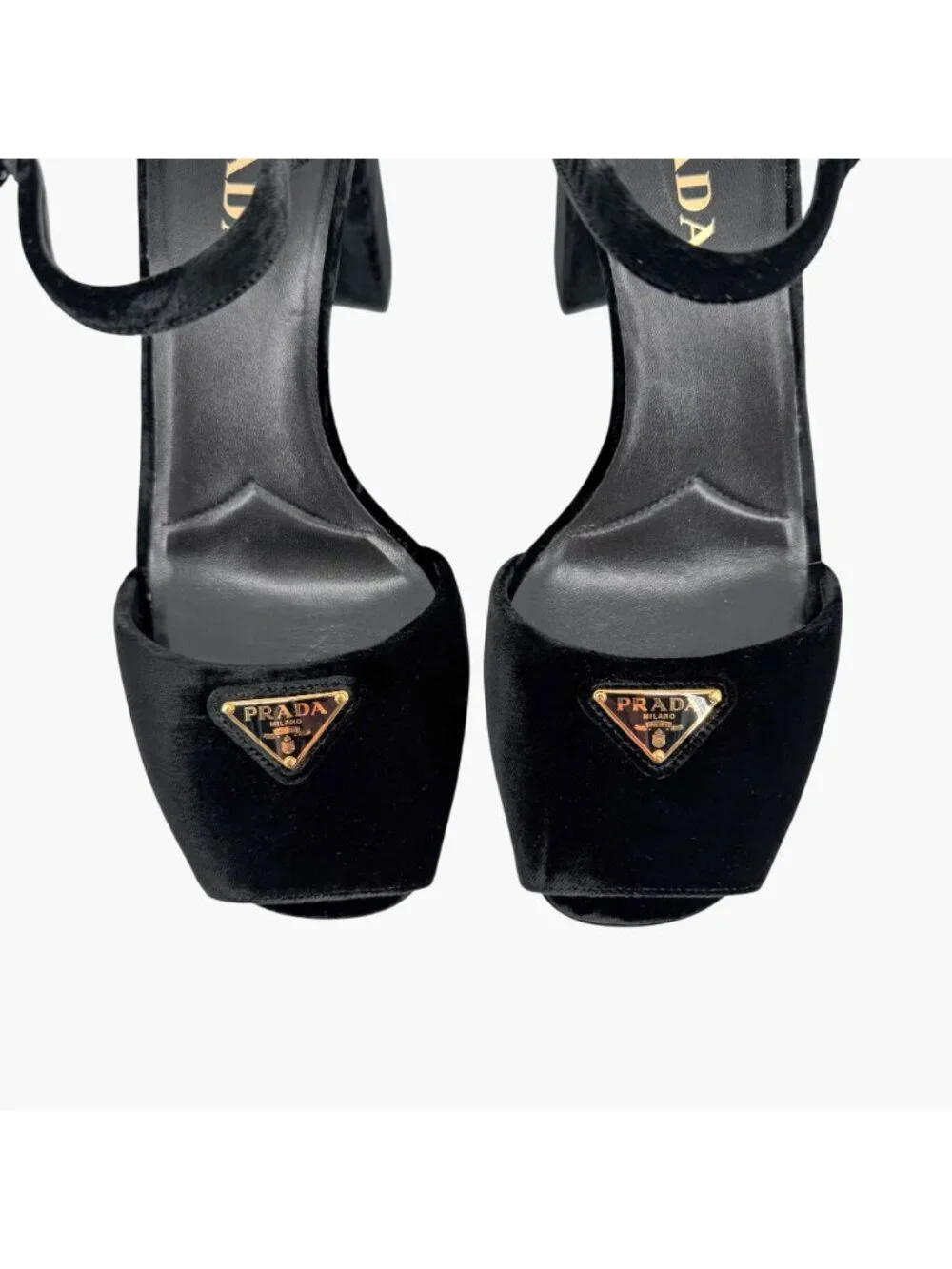 Prada Triangle Logo Platform Pumps Heels Sandals Black Velvet Size 41 US 11